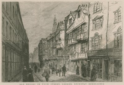 Alte Häuser in der Wych Street, London, kürzlich abgerissen von English School