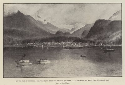 Auf dem Weg nach Klondike, Skagway Town, vom Kopf des Lynn Canal, zeigt den White Pass im Oktober 1897 (Lithografie) von English School
