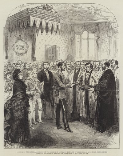 Eröffnung der Generalversammlung der Kirche von Schottland, der Earl of Aberdeen als Lord High Commissioner, empfängt die Schlüssel der Stadt Edinburgh im Holyrood-Palast (Gravur) von English School