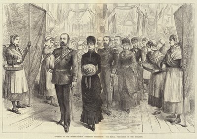 Eröffnung der Internationalen Fischereiausstellung, der königliche Umzug im Gebäude (Gravur) von English School