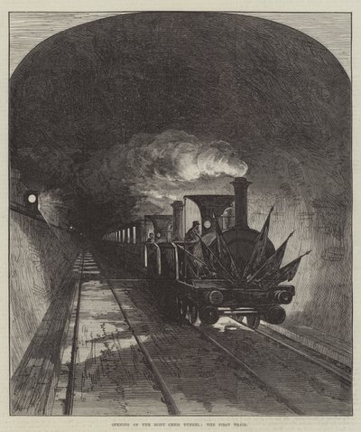 Eröffnung des Mont-Cenis-Tunnels, der erste Zug (Gravur) von English School