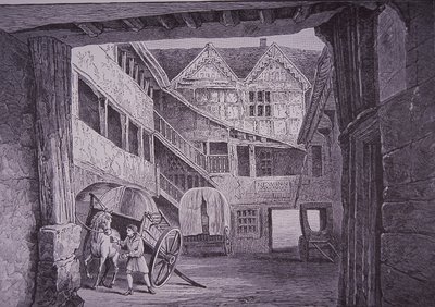 Stallknecht kümmert sich um Pferd im Hof des New Inn, Gloucester von English School