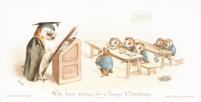 Eule unterrichtet Eulenkinder im Klassenzimmer! Weihnachtskarte von English School