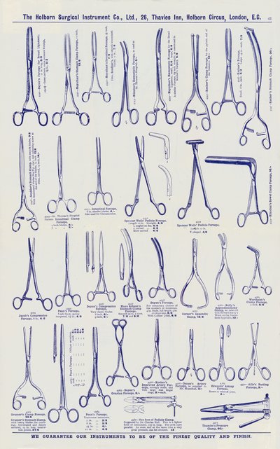 Seite aus einem Katalog für chirurgische Instrumente, ca. 1900 von English School