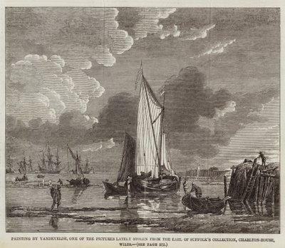 Gemälde von Vandevelde, eines der kürzlich aus der Sammlung des Earl of Suffolk, Charlton-House, Wilts, gestohlenen Bilder (Gravur) von English School