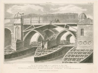 Teil der alten London Bridge, wie sie im Juni 1826 erschien von English School