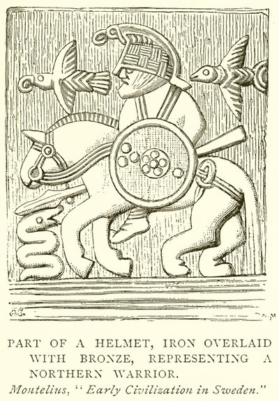 Teil eines Helms, Eisen mit Bronze überzogen, Darstellung eines nordischen Kriegers (Gravur) von English School