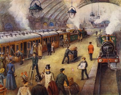 Passagiere auf dem Bahnsteig vor der Abfahrt des Zuges von English School