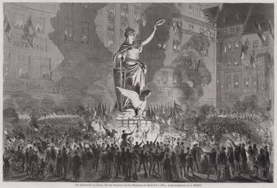 Friedensfeiern vor der Germania-Statue auf dem Marktplatz von Leipzig am Abend des 5. März 1870 von English School