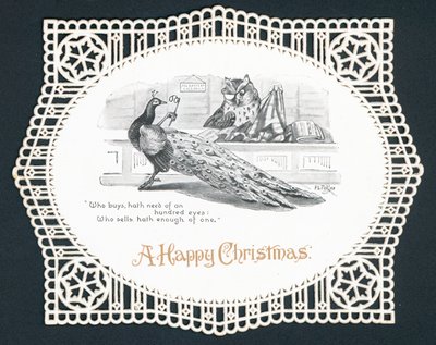 Pfau und Eule im Laden, Weihnachtskarte von English School