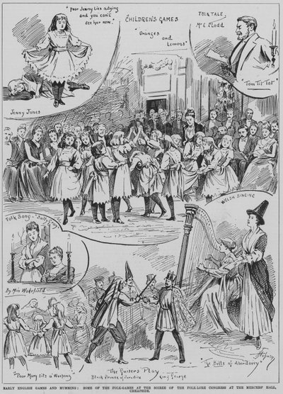 Aufführung früher englischer Volksspiele und Mummenschanz beim Soiree des Folklore-Kongresses, Mercers