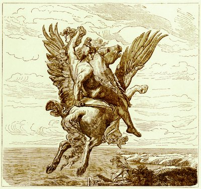Perseus auf dem geflügelten Pferd Pegasus mit dem Kopf der Medusa, Illustration aus Die illustrierte Geschichte der Welt, veröffentlicht um 1880 von English School
