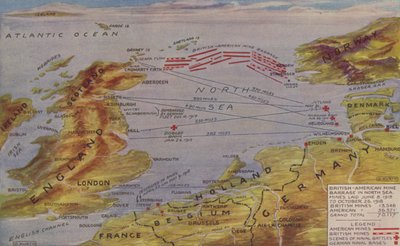 Perspektivkarte, die den Standort der Nordsee-Minenbarriere zeigt, die Szene der wichtigsten Seeschlachten und die deutschen Marinestützpunkte von English School