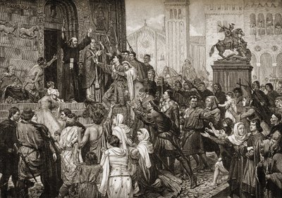 Peter der Einsiedler (1050-1115) predigt während des Ersten Kreuzzugs im Jahr 1095 von English School
