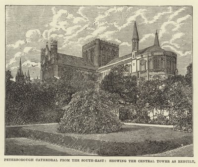Peterborough Kathedrale von Südosten, zeigt den wiederaufgebauten zentralen Turm von English School