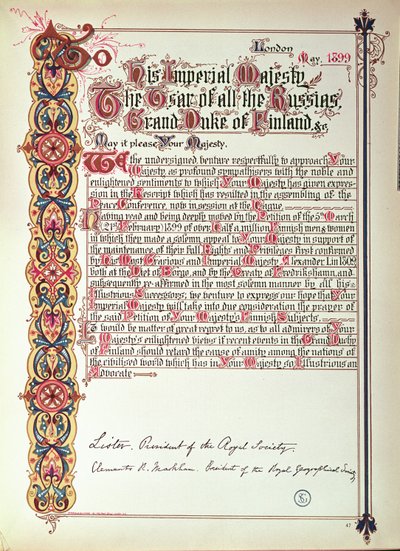 Petition an Zar Nikolaus II. von Russland gegen die Russifizierung Finnlands, 1899 von English School