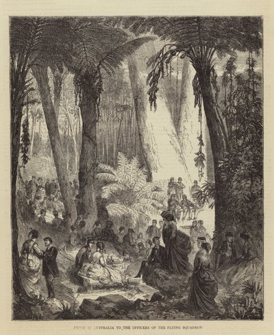 Picknick in Australien für die Offiziere des Fliegenden Geschwaders (Gravur) von English School