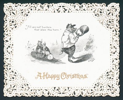 Schwein bläst Horn, Weihnachtskarte von English School