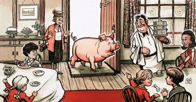 Schwein betritt ein Restaurant von English School