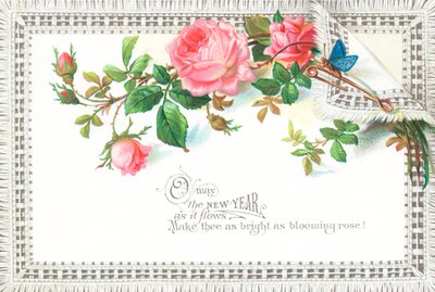 Rosa Rosen und blauer Schmetterling, Neujahrskarte von English School