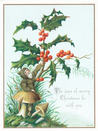 Kobold pflückt Stechpalme, Weihnachtskarte von English School