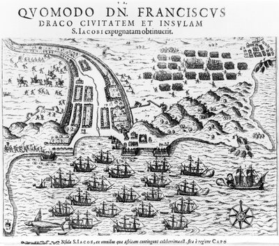 Plan, der zeigt, wie Francis Drake (um 1540-96) die Insel San Jacob stürmte und hielt von English School
