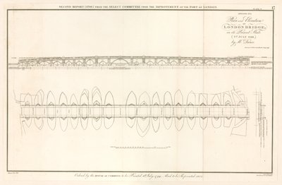 Plan und Aufriss der London Bridge, wie am 2. Juli 1799 von English School