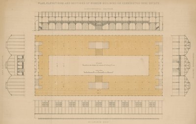 Plan, Ansichten und Schnitte des Museumsgebäudes auf dem Kensington Gore Estate von English School