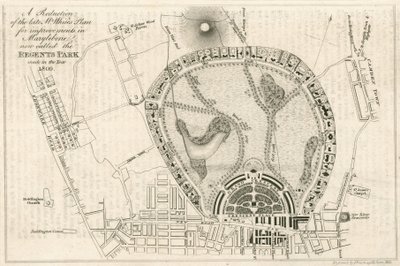 Plan für Verbesserungen in Marylebone, London, jetzt genannt der Regents Park, gemacht im Jahr 1809 von English School