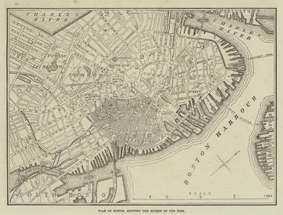 Plan von Boston, der das Ausmaß des Feuers zeigt (Gravur) von English School