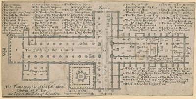 Plan der St. Pauls Kathedrale, London vor dem Großen Brand von London von English School