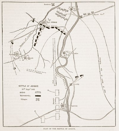 Plan der Schlacht von Assaye, Illustration aus Cassells Illustrierter Geschichte Indiens von James Grant, veröffentlicht 1879 von English School