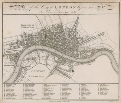 Plan der Stadt London vor dem Brand von 1666 von English School