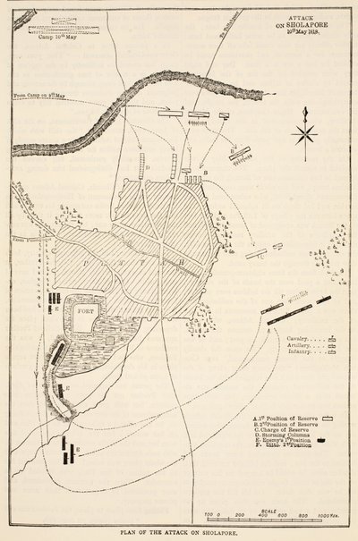 Plan des Angriffs auf Sholapore, Illustration aus Cassells Illustrierter Geschichte Indiens von James Grant, veröffentlicht 1879 von English School