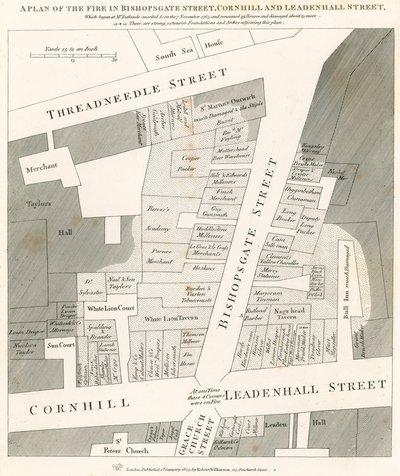 Plan des Feuers in der Bishopsgate Street, Cornhill und Leadenhall Street, London, das am 7. November 1765 begann von English School