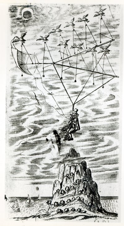 Flugzeug, Illustration aus dem Frontispiz von Der Mann im Mond oder eine Abhandlung über eine Reise dorthin von Domingo Gonsales, der schnelle Bote von Francis Godwin (1562-1633), posthum veröffentlicht von English School