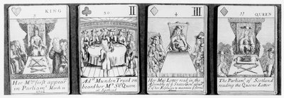 Spielkarten, die Ereignisse zu Beginn der Herrschaft von Königin Anne darstellen, aus einem Set zur Erinnerung an den Spanischen Erbfolgekrieg (1702-13) von English School