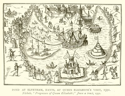 Teich in Elvetham, Hants, beim Besuch von Königin Elizabeth, 1591 von English School
