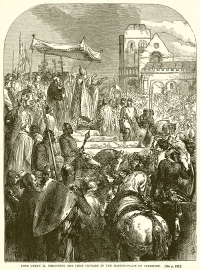 Papst Urban II predigt den Ersten Kreuzzug auf dem Marktplatz von Clermont von English School
