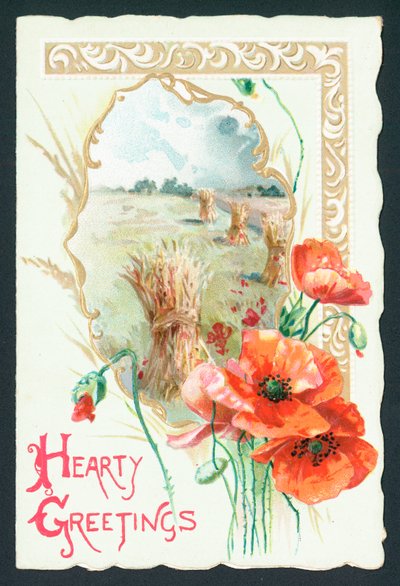 Mohnblumen und Ernteszene, Karte von English School