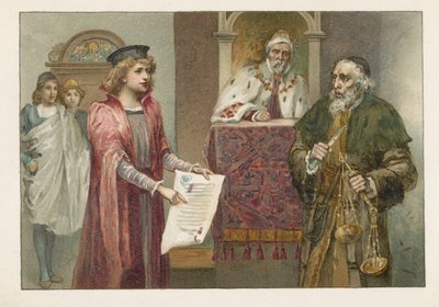 Portia, Shylock und der Richter in Der Kaufmann von Venedig von English School