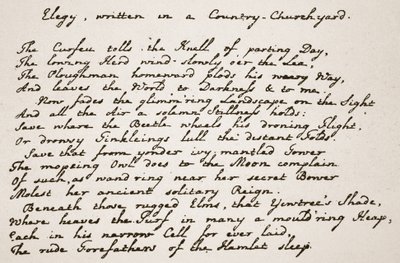 Teil von Grays Elegie, in der Handschrift des Dichters, Illustration aus Die Kirche von England: Eine Geschichte für das Volk von H.D.M. Spence-Jones, veröffentlicht um 1910 von English School