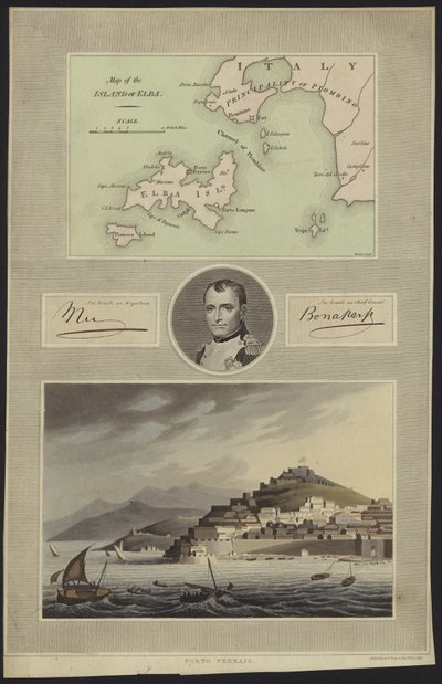 Porträt von Napoleon Bonaparte mit einer Karte und einer Ansicht von Elba von English School