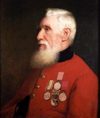 Porträt eines Chelsea-Pensionärs mit seinen Dienstmedaillen von English School