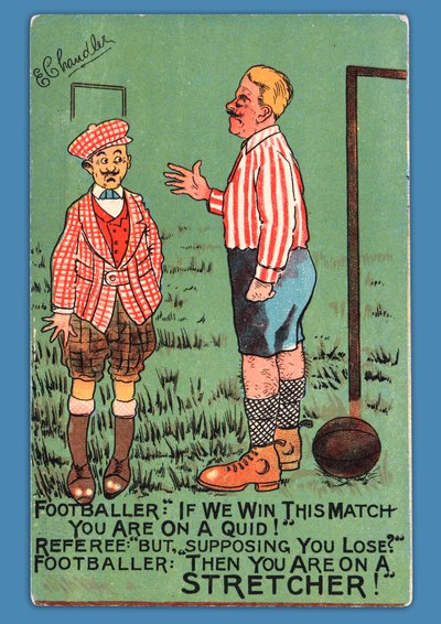 Postkarte mit einer Karikatur eines spanischen Fußballers von English School