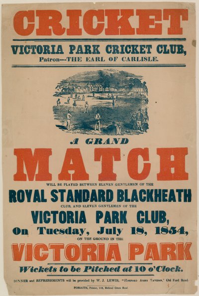 Plakat, das ein Cricketspiel im Victoria Park Cricket Club am 18. Juli 1854 bewirbt von English School