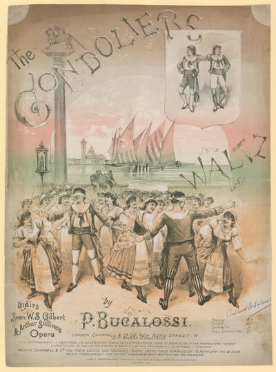 Plakat für The Gondoliers Waltz von P Bucalossi nach Melodien aus der Oper von W S Gilbert und Arthur Sullivan von English School