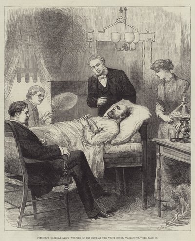 Präsident Garfield, verwundet in seinem Zimmer im Weißen Haus, Washington von English School