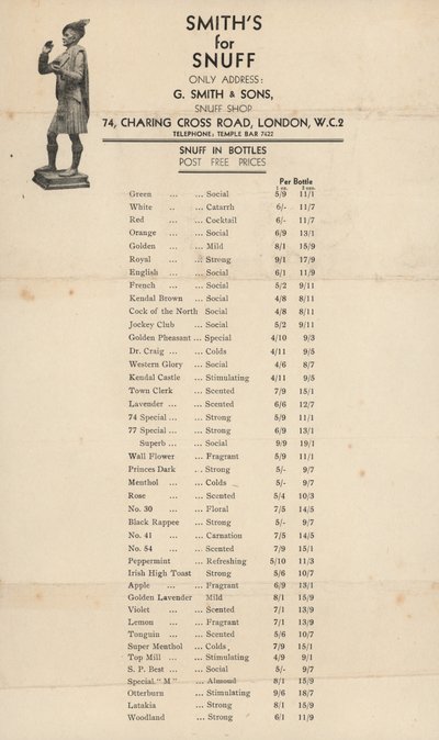 Preisliste für G Smith & Sons, Schnupftabakladen von English School