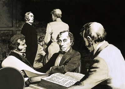 Premierminister Benjamin Disraeli berät sich mit seinen konservativen Kollegen von English School
